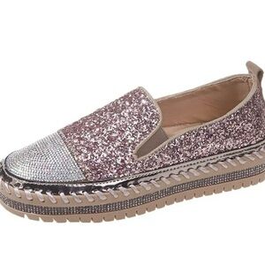 Glitter Slip-On Loafers - Pink and Silver